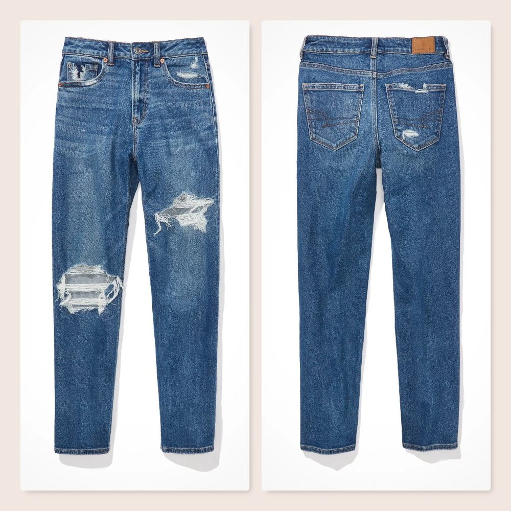 American Eagle Outfitters Size 16 Stretch Mom Straight Jeans Destroyed Distress